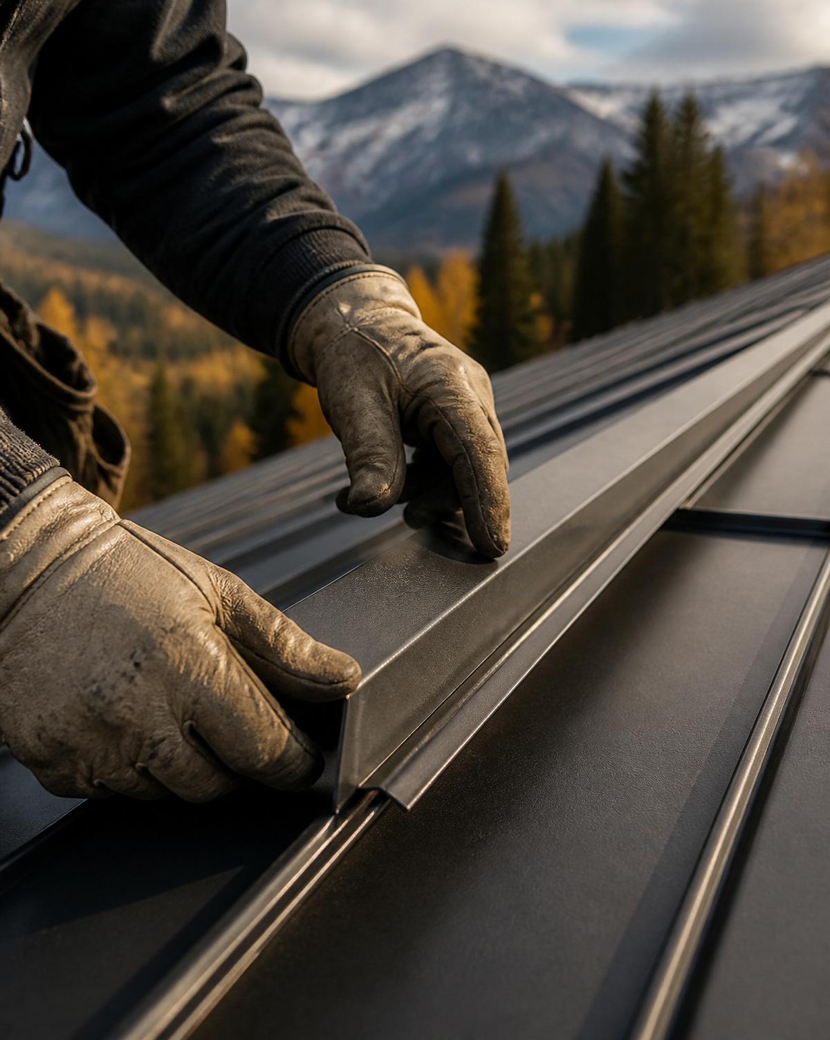 Gloved hands seating a standing-seam roof panel