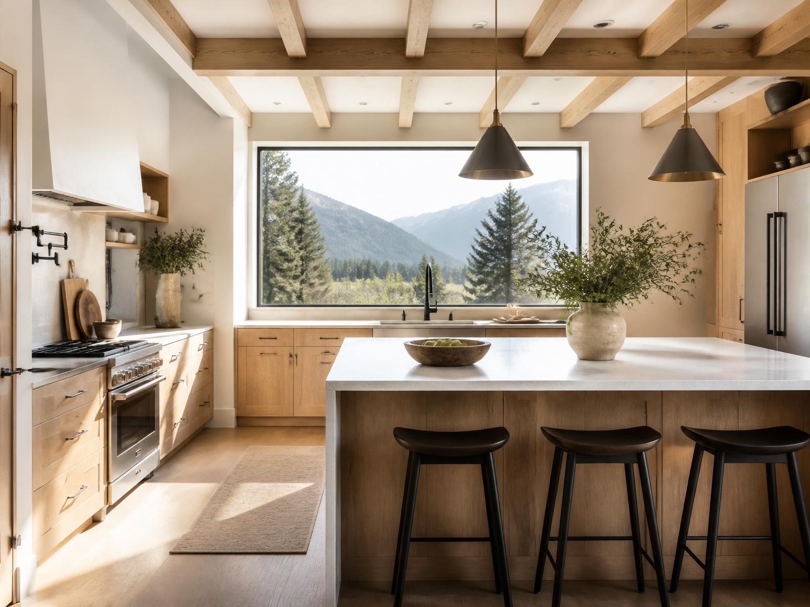A warmly lit kitchen renovation with wood cabinets and stone counters